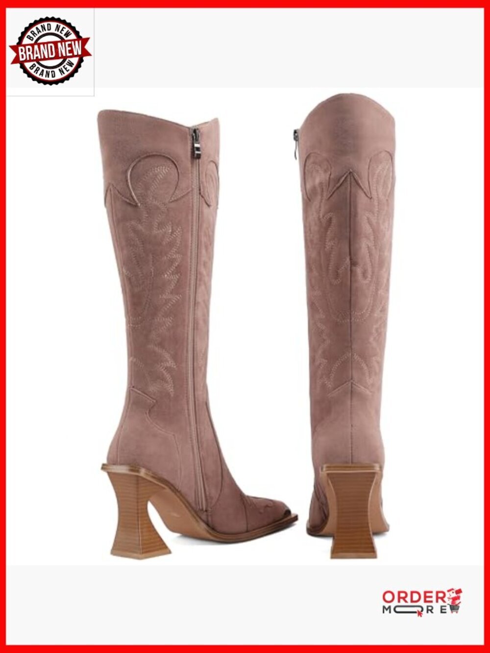 Knee High Western Cowboy Boots with Side Zipper, 3.5 Inch Heel - Picture 4 of 7